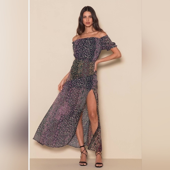 Lulus Maxi Dress Women’s Large Neva Navy Floral Chiffon Slit - Picture 1 of 11